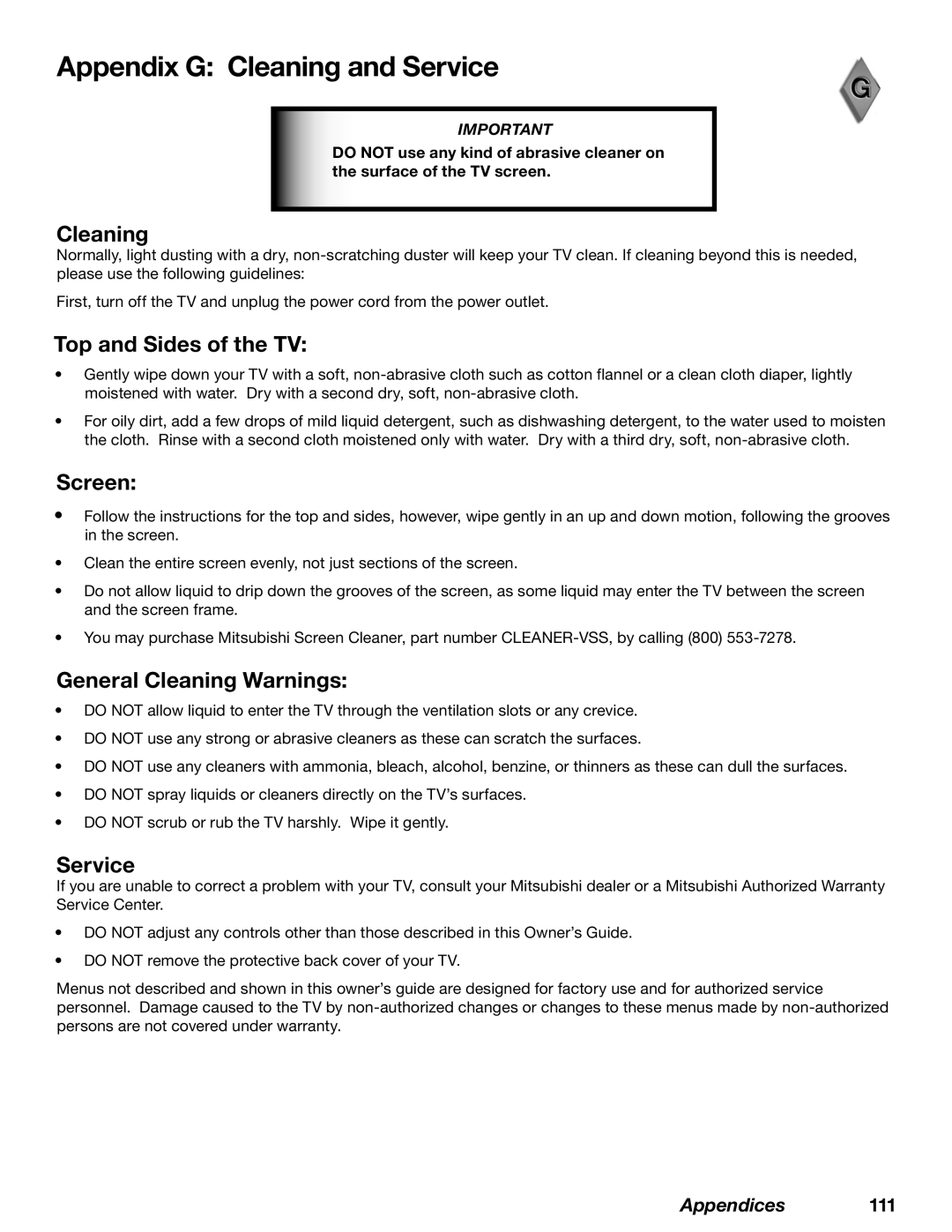 Mitsubishi Electronics WD-52628, WD-73727, WD-62628 manual Appendix G Cleaning and Service 