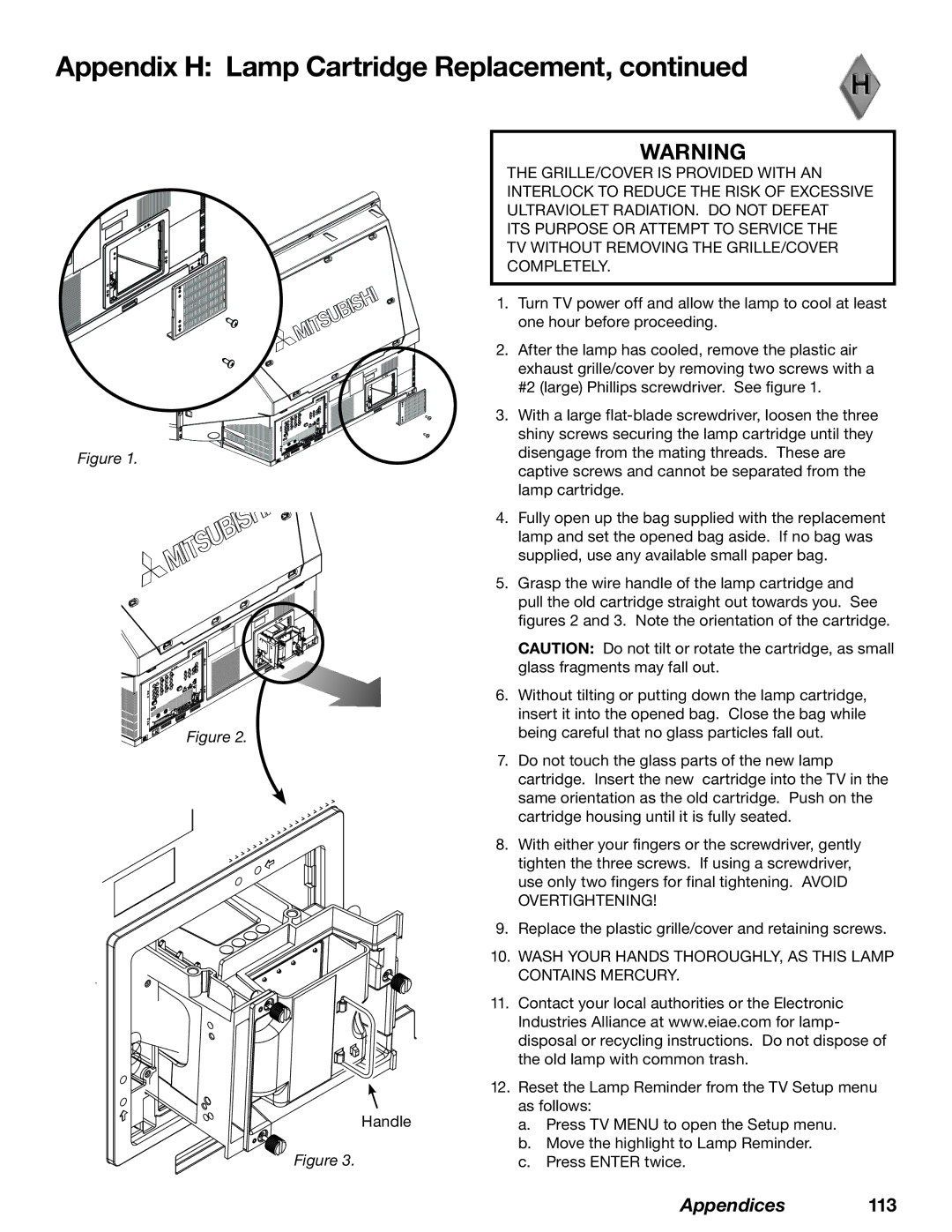 Mitsubishi Electronics WD-62628, WD-52628, WD-73727 manual Wash Your Hands THOROUGHLY, AS this Lamp Contains Mercury 