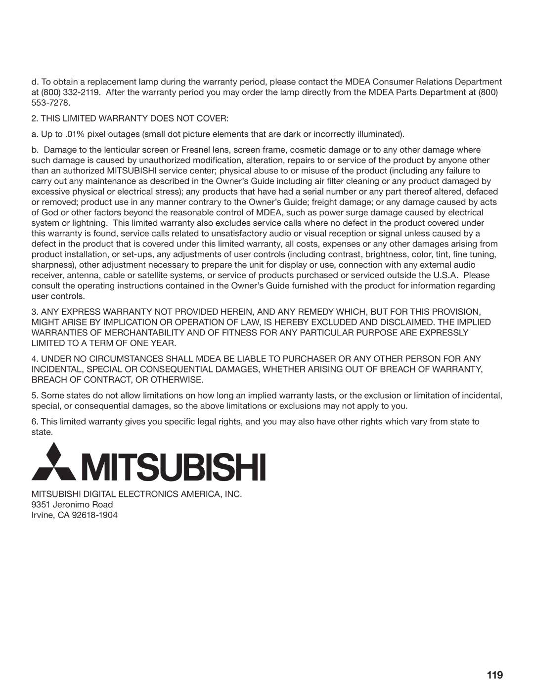 Mitsubishi Electronics WD-62628, WD-52628, WD-73727 manual 119, This Limited Warranty does not Cover 