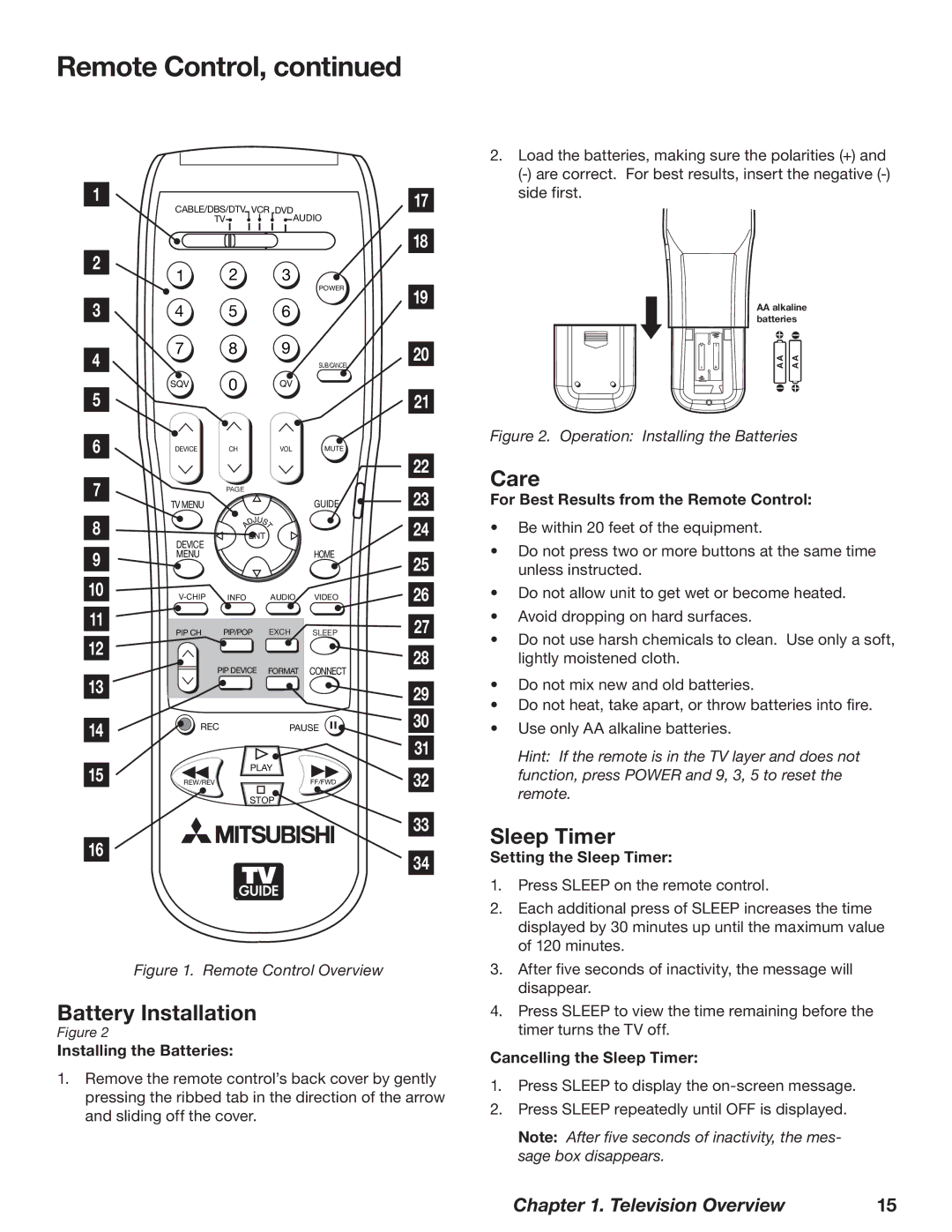 Mitsubishi Electronics WD-52628, WD-73727, WD-62628 manual Battery Installation, Care, Sleep Timer 