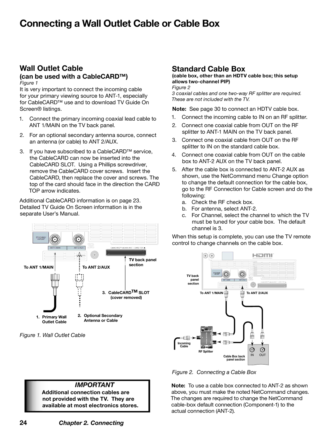 Mitsubishi Electronics WD-52628, WD-73727, WD-62628 manual Connecting a Wall Outlet Cable or Cable Box, Standard Cable Box 