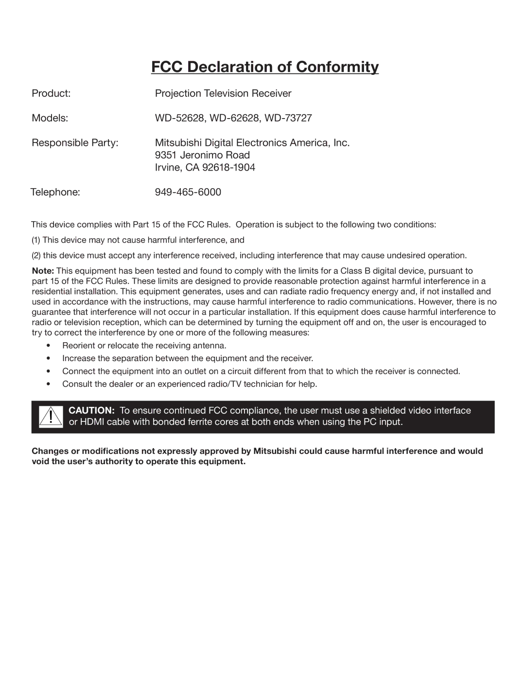 Mitsubishi Electronics WD-52628, WD-73727, WD-62628 manual FCC Declaration of Conformity 