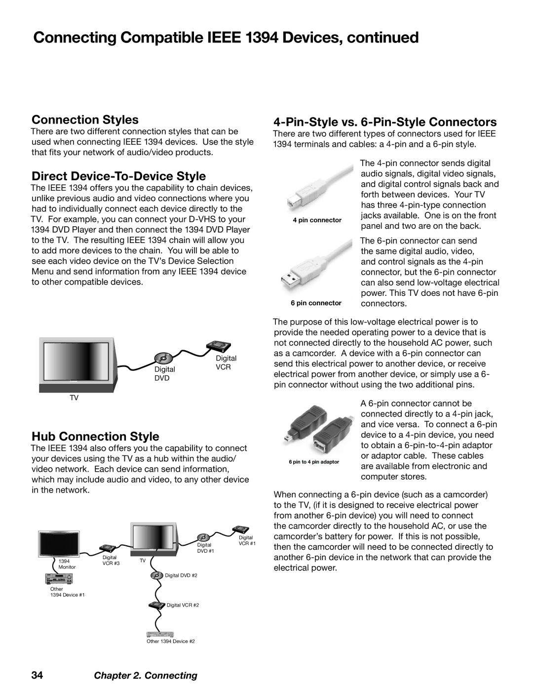 Mitsubishi Electronics WD-73727 manual Connection Styles, Pin-Style vs -Pin-Style Connectors, Direct Device-To-Device Style 