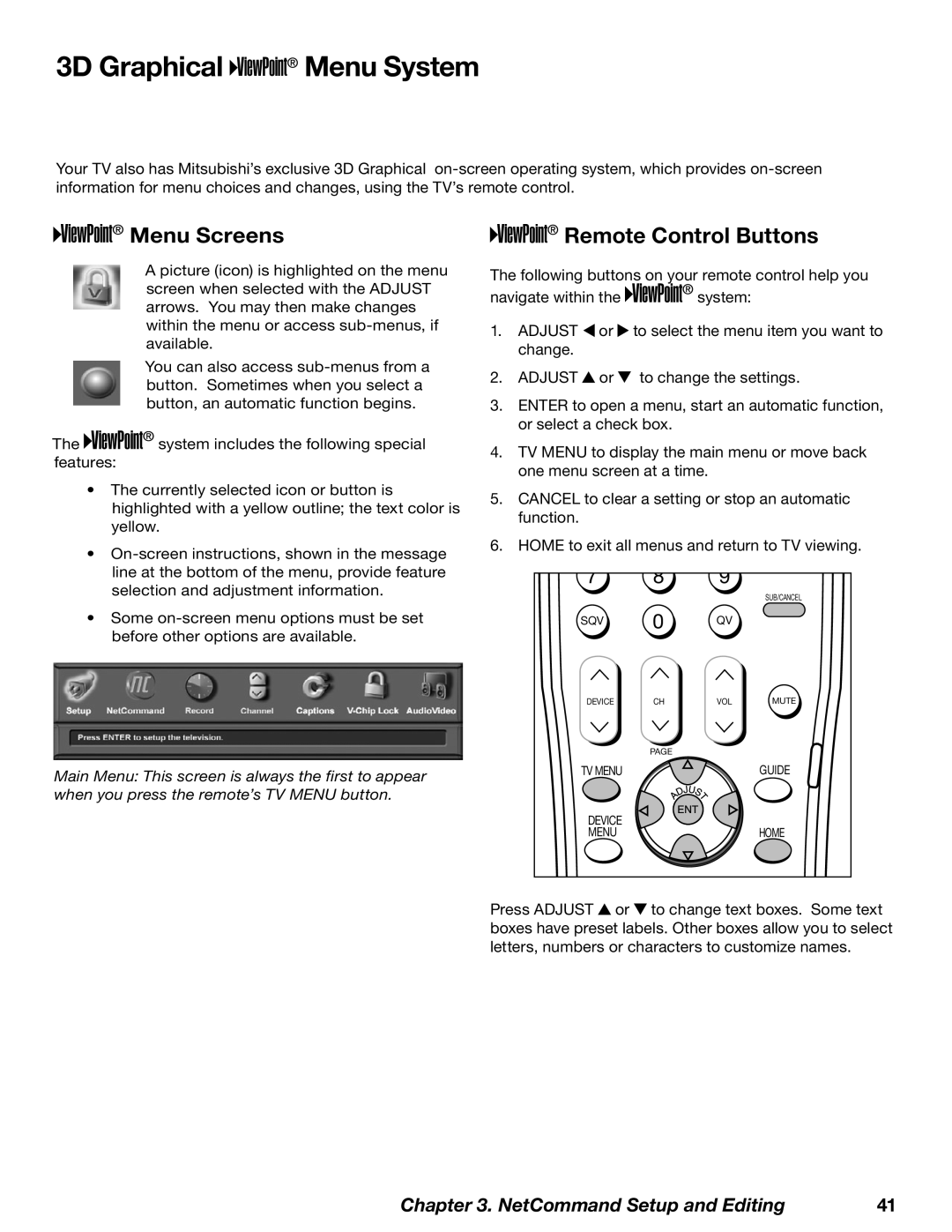 Mitsubishi Electronics WD-62628, WD-52628, WD-73727 manual 3D Graphical Menu System, Remote Control Buttons 