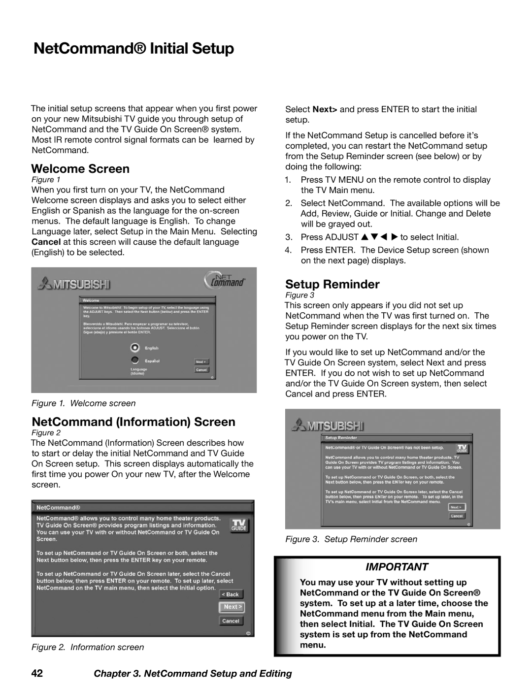 Mitsubishi Electronics WD-52628 NetCommand Initial Setup, Welcome Screen, NetCommand Information Screen, Setup Reminder 