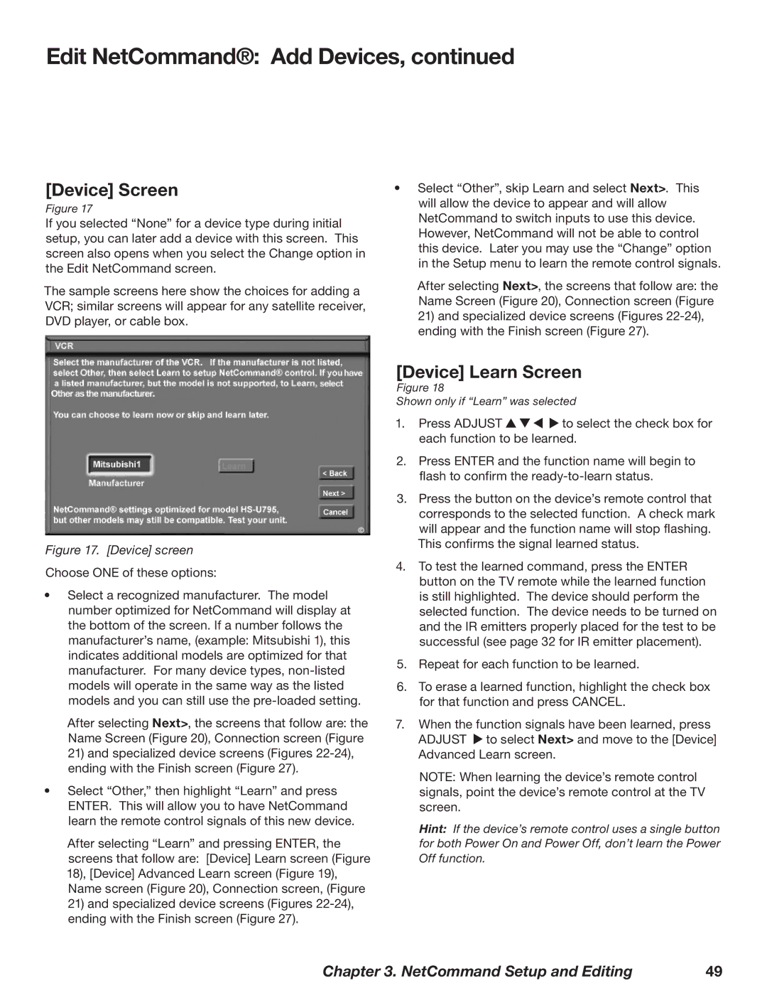 Mitsubishi Electronics WD-73727, WD-52628, WD-62628 manual Device Screen, Device Learn Screen 