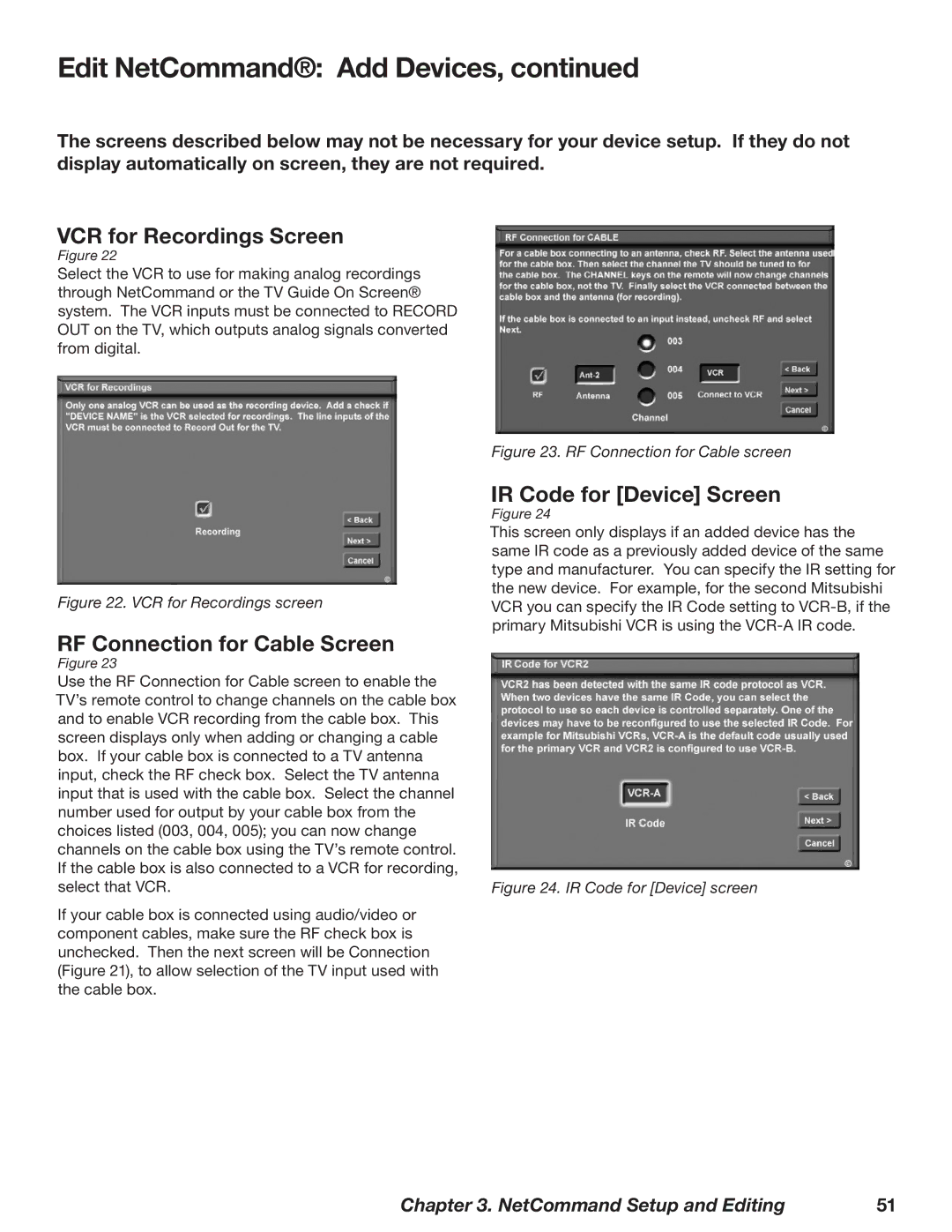 Mitsubishi Electronics WD-52628 manual VCR for Recordings Screen, RF Connection for Cable Screen, IR Code for Device Screen 