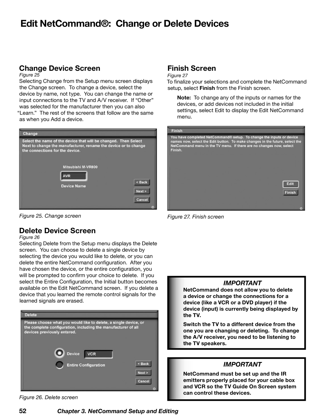 Mitsubishi Electronics WD-73727 manual Edit NetCommand Change or Delete Devices, Change Device Screen, Delete Device Screen 