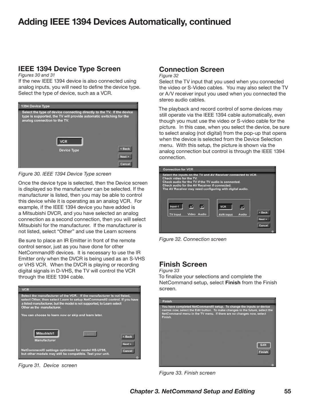 Mitsubishi Electronics WD-73727, WD-52628, WD-62628 manual Ieee 1394 Device Type Screen, Connection Screen 