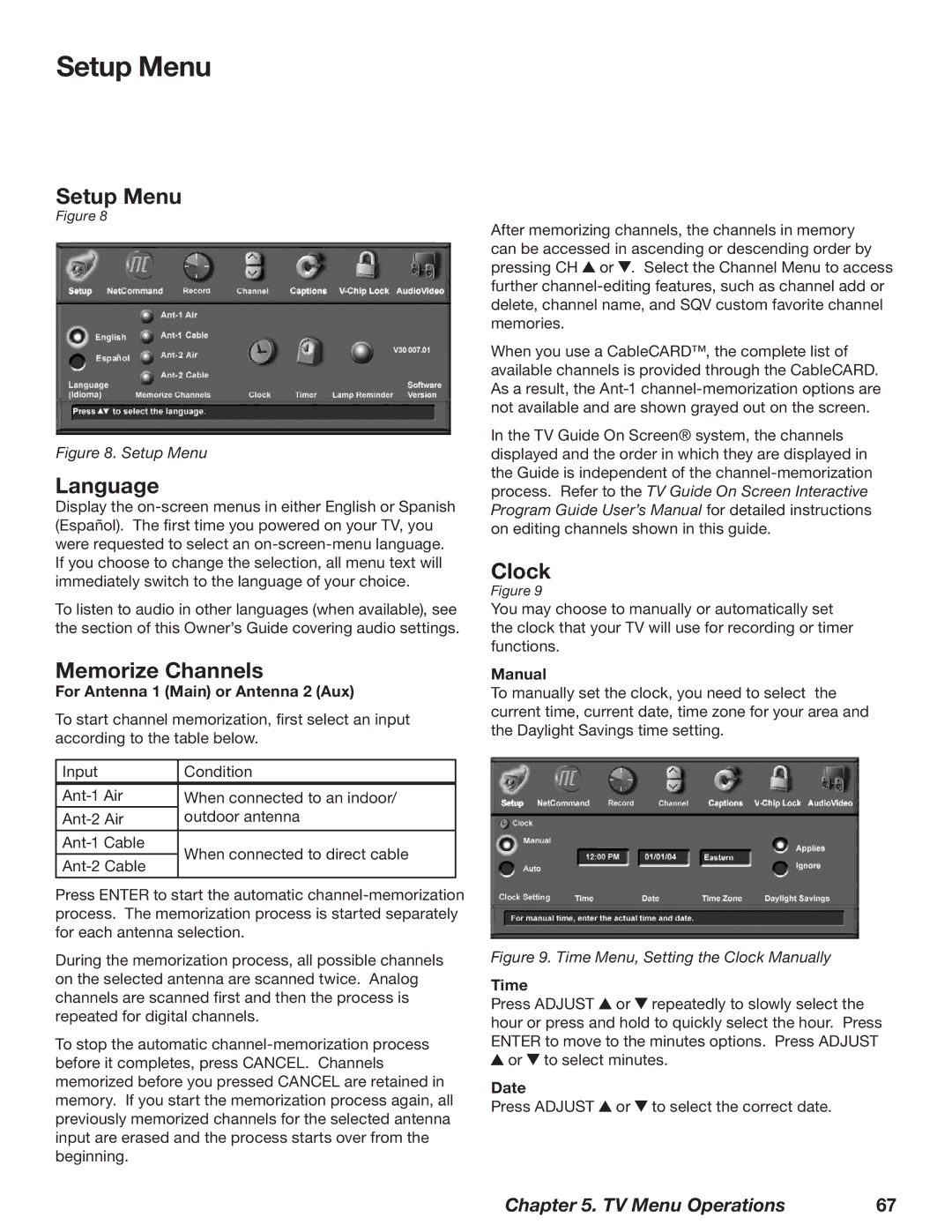 Mitsubishi Electronics WD-73727, WD-52628, WD-62628 manual Setup Menu, Language, Memorize Channels, Clock 