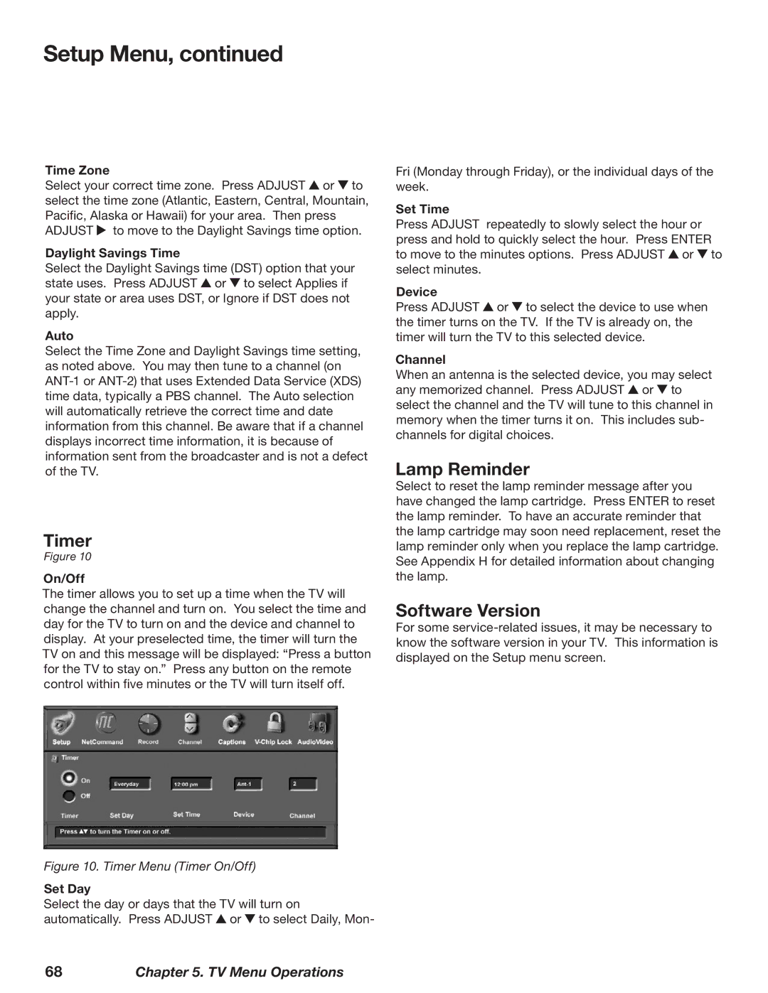 Mitsubishi Electronics WD-62628, WD-52628, WD-73727 manual Timer, Lamp Reminder, Software Version 