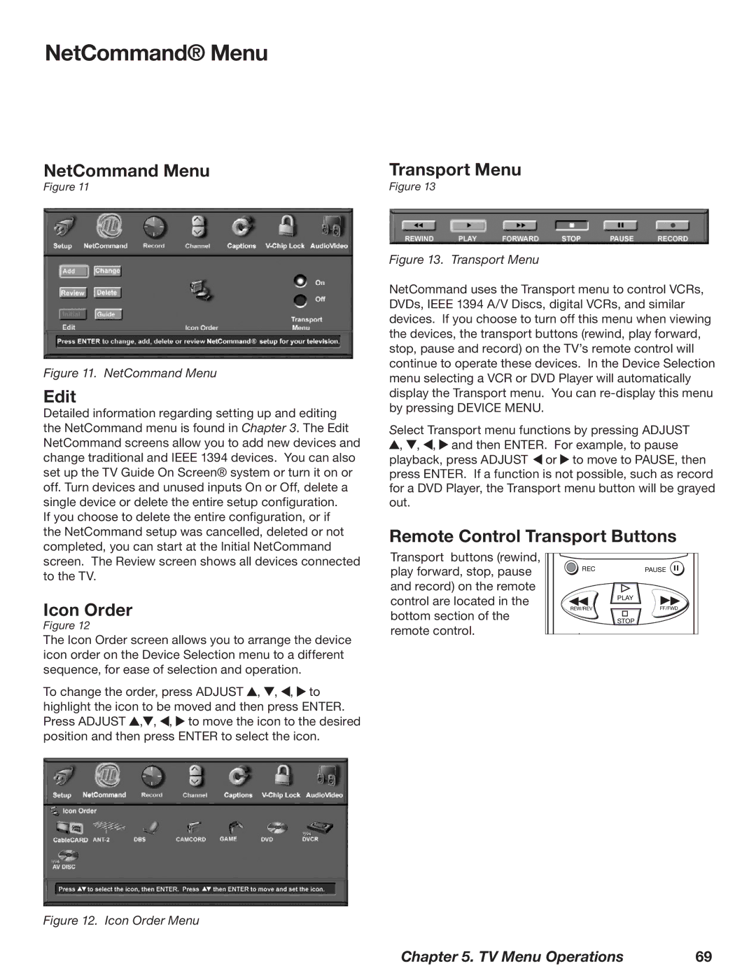 Mitsubishi Electronics WD-52628 manual NetCommand Menu, Edit, Icon Order, Transport Menu, Remote Control Transport Buttons 