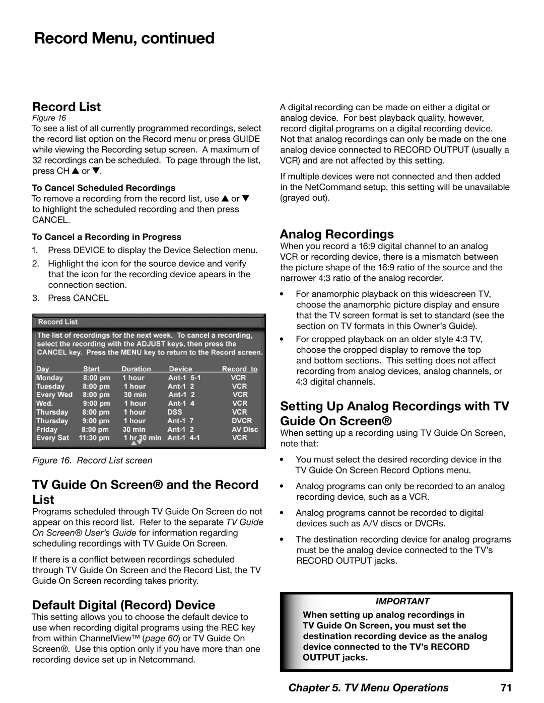 Mitsubishi Electronics WD-62628 TV Guide On Screen and the Record List, Default Digital Record Device, Analog Recordings 