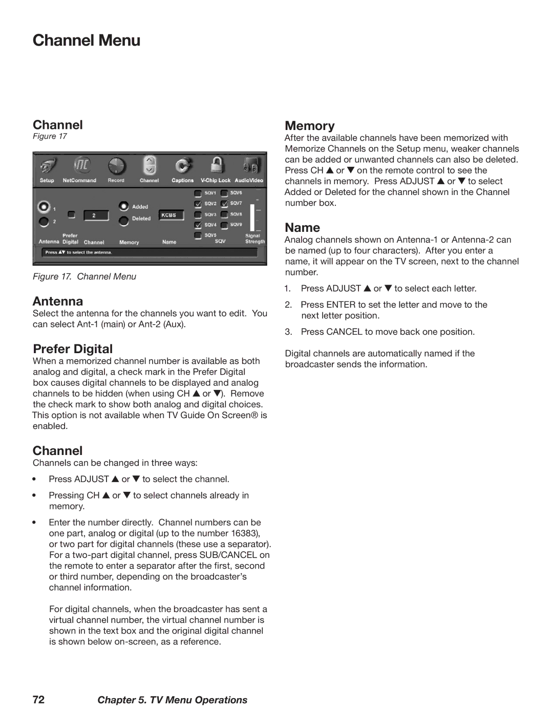 Mitsubishi Electronics WD-52628, WD-73727, WD-62628 manual Channel Menu 