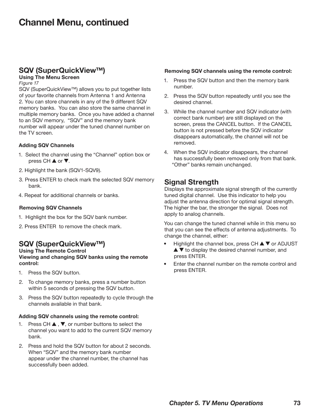 Mitsubishi Electronics WD-73727, WD-52628, WD-62628 manual SQV SuperQuickView, Signal Strength 