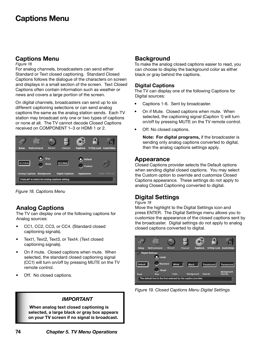 Mitsubishi Electronics WD-62628, WD-52628 manual Captions Menu, Analog Captions, Background, Appearance, Digital Settings 