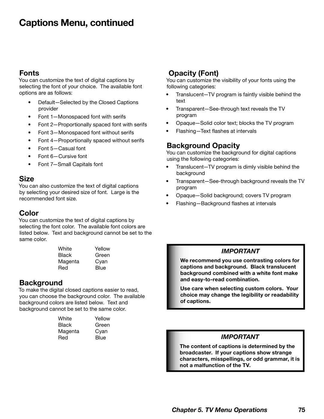 Mitsubishi Electronics WD-52628, WD-73727, WD-62628 manual Fonts, Size, Color, Opacity Font, Background Opacity 