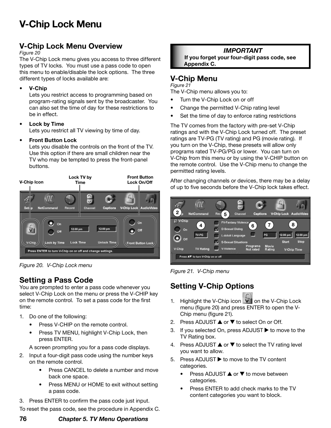 Mitsubishi Electronics WD-73727 manual Chip Lock Menu Overview, Chip Menu, Setting a Pass Code, Setting V-Chip Options 