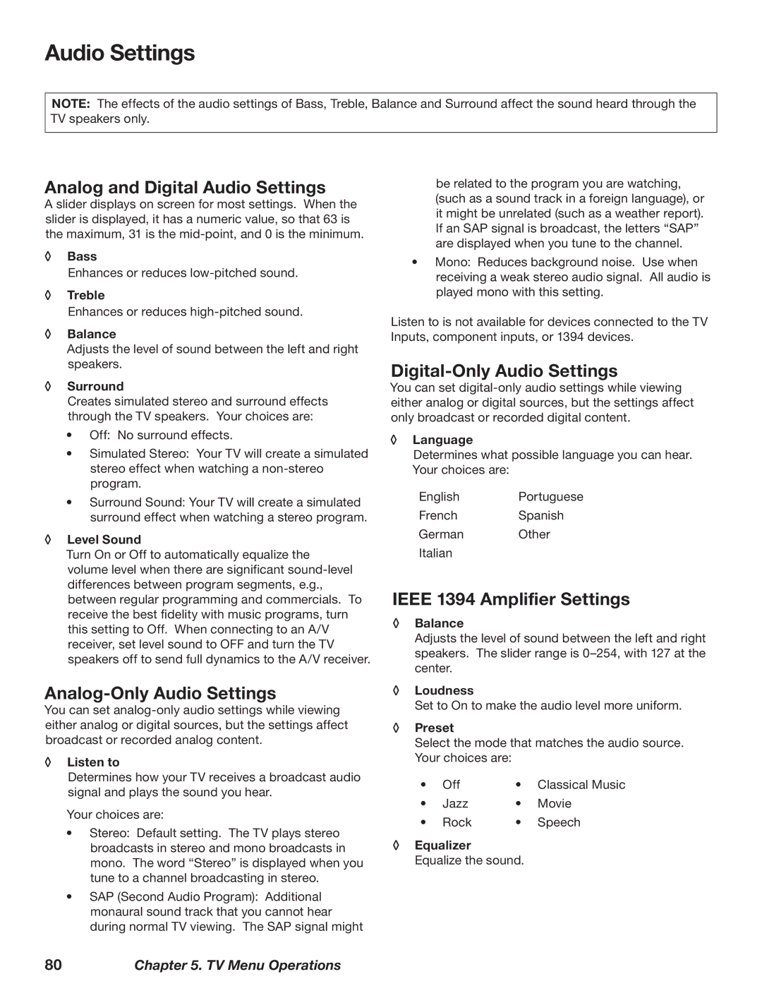 Mitsubishi Electronics WD-62628, WD-52628, WD-73727 manual Analog and Digital Audio Settings, Analog-Only Audio Settings 