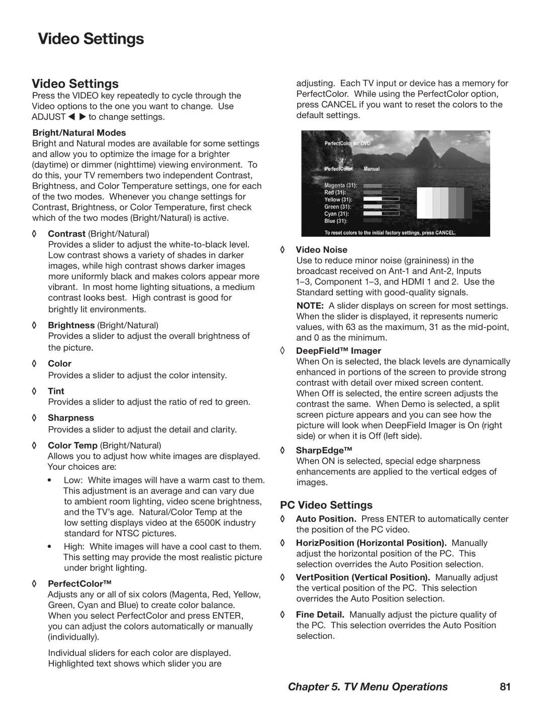 Mitsubishi Electronics WD-52628, WD-73727, WD-62628 manual PC Video Settings 