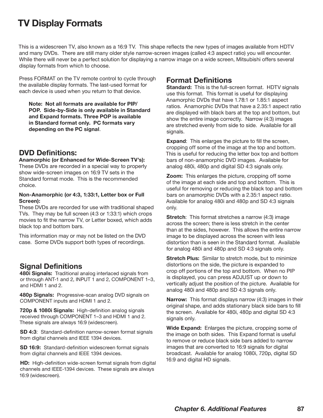 Mitsubishi Electronics WD-52628, WD-73727 manual TV Display Formats, DVD Definitions, Signal Definitions, Format Definitions 