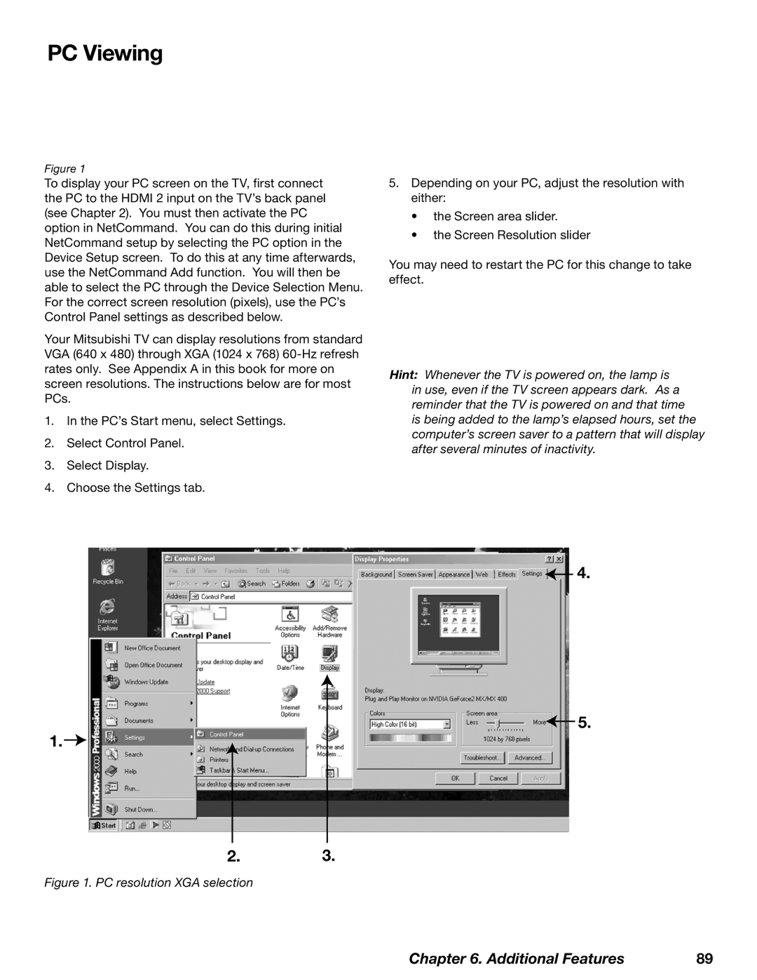 Mitsubishi Electronics WD-62628, WD-52628, WD-73727 manual PC Viewing, PC resolution XGA selection 