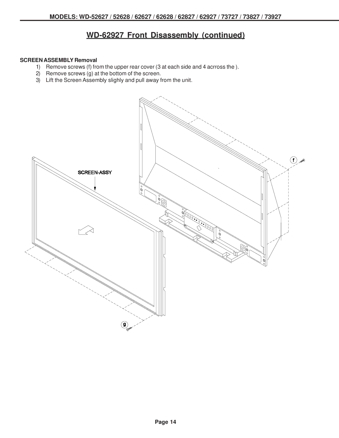 Mitsubishi Electronics WD-73827, WD-52628, WD-73727, WD-62827, WD-62627, WD-62628, WD-62927, WD-73927 Screen Assembly Removal 