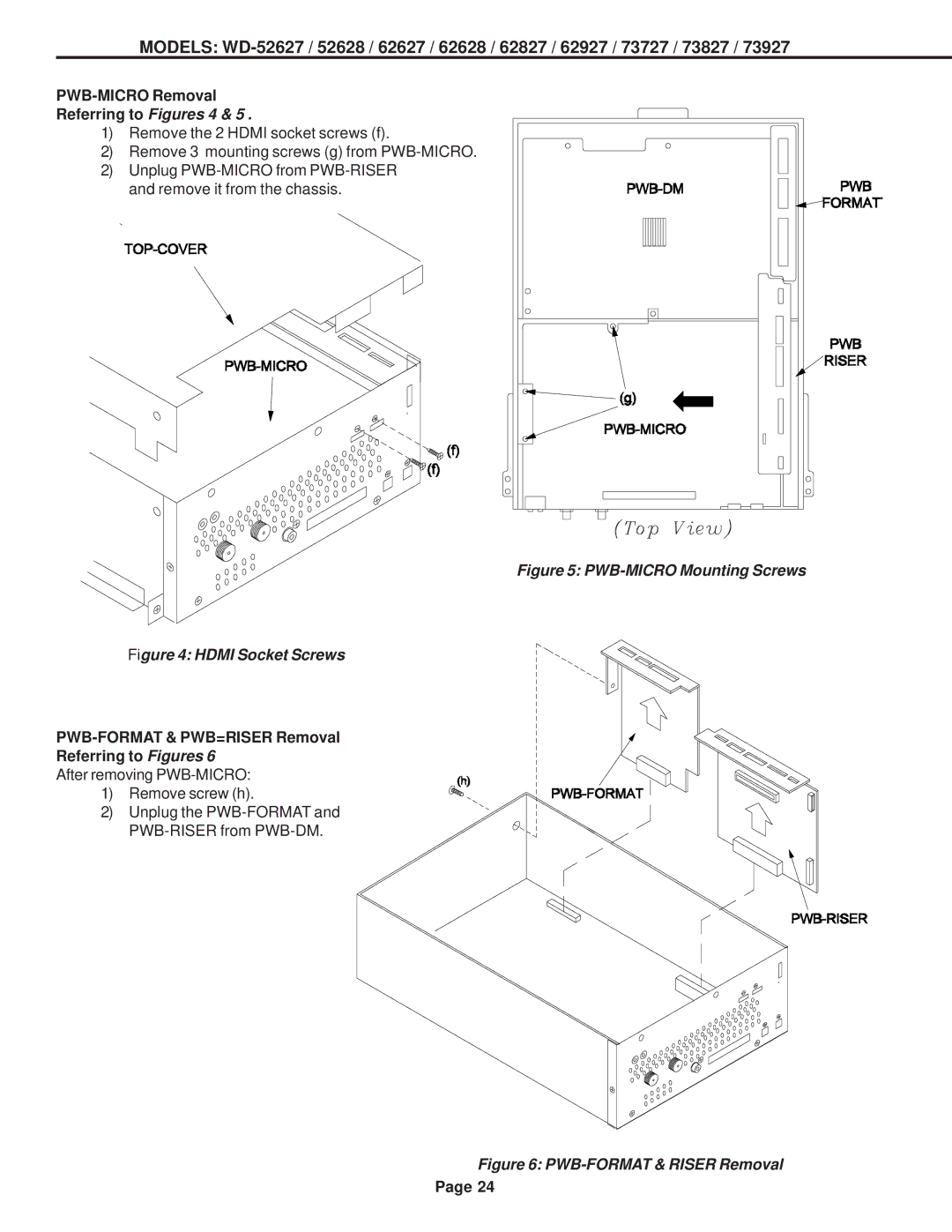 Mitsubishi Electronics WD-52628, WD-73727, WD-62827 PWB-MICRO Removal, PWB-FORMAT & PWB=RISER Removal Referring to Figures 