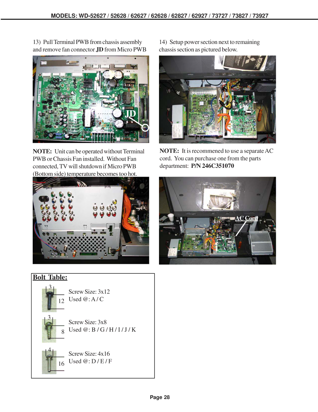 Mitsubishi Electronics WD-62628, WD-52628, WD-73727, WD-62827, WD-62627, WD-62927, WD-73827, WD-73927 specifications Bolt Table 