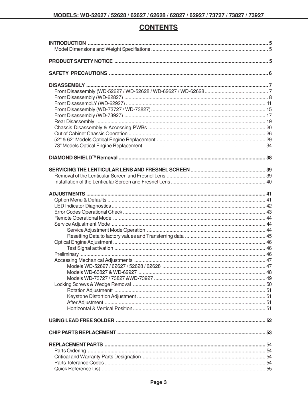 Mitsubishi Electronics WD-62627, WD-52628, WD-73727, WD-62827, WD-62628, WD-62927, WD-73827, WD-73927 specifications Contents 