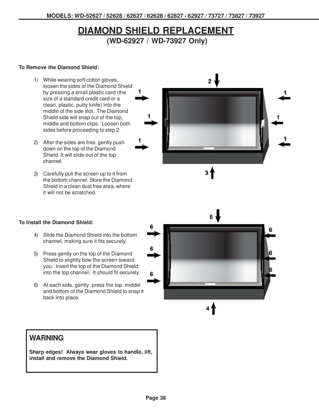 Mitsubishi Electronics WD-73827 WD-62927 / WD-73927 Only, To Remove the Diamond Shield, To Install the Diamond Shield 