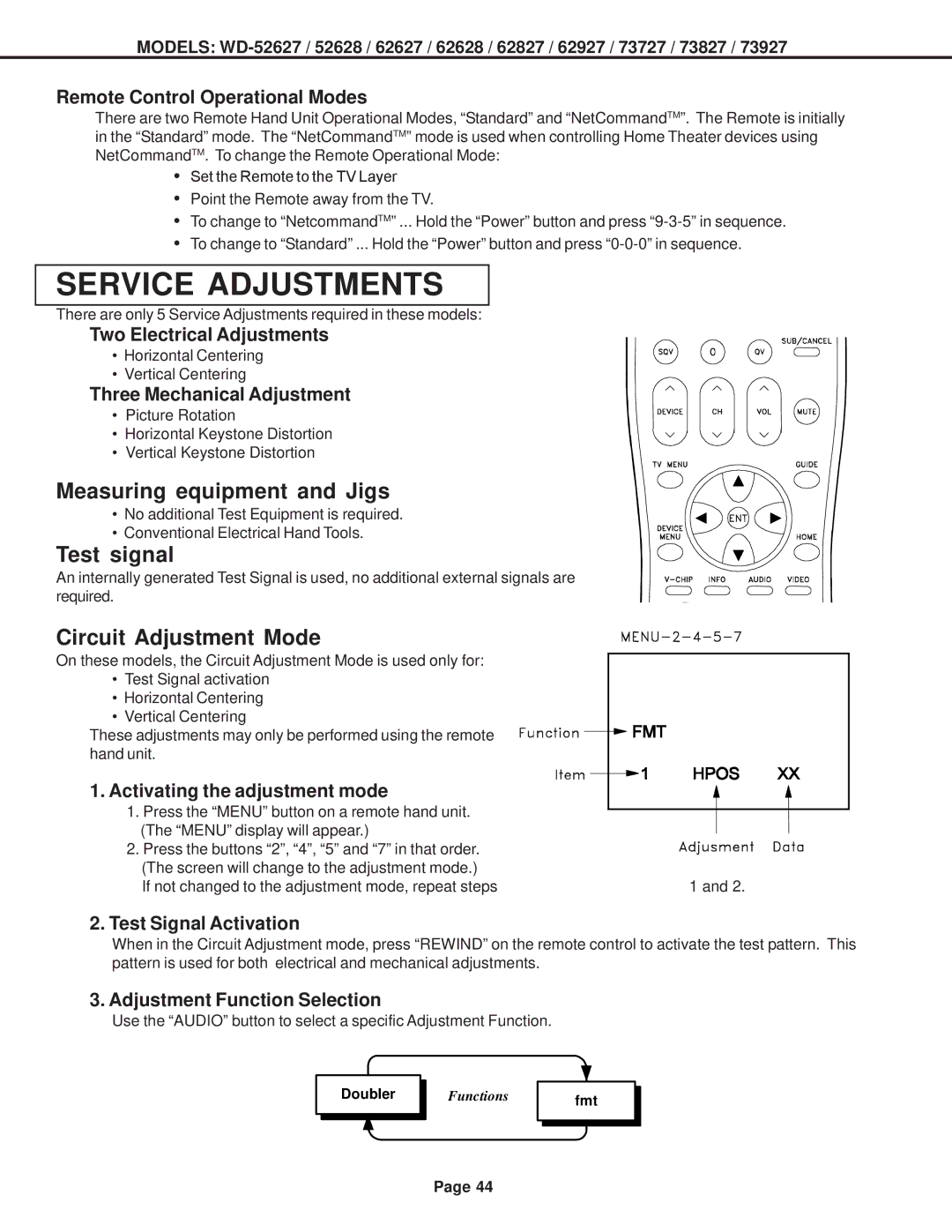 Mitsubishi Electronics WD-62927, WD-52628, WD-73727 Measuring equipment and Jigs, Test signal, Circuit Adjustment Mode 