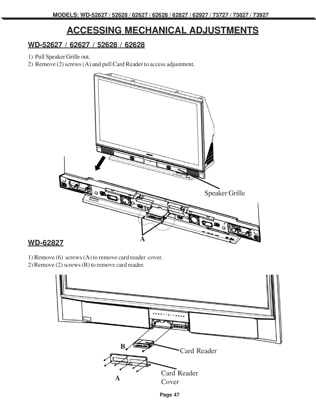 Mitsubishi Electronics WD-52628, WD-73727, WD-62627, WD-62628, WD-62927, WD-73827, WD-73927 WD-52627 / 62627 / 52628, WD-62827A 