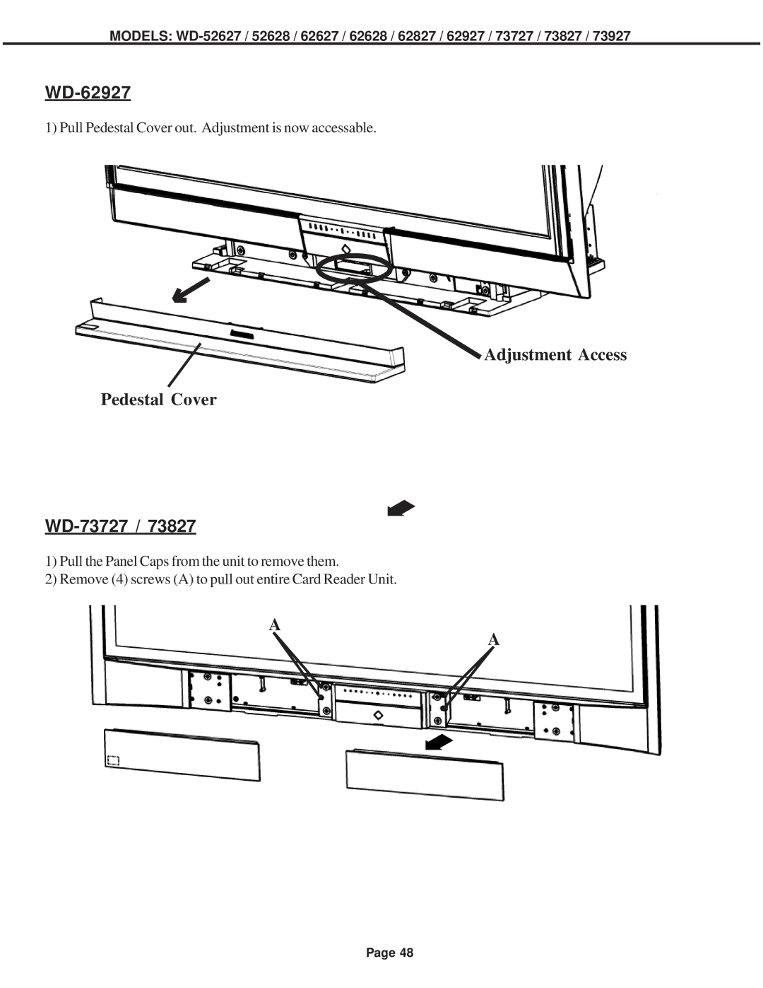 Mitsubishi Electronics WD-73727, WD-52628, WD-62827, WD-62627, WD-62628, WD-62927, WD-73827 Adjustment Access Pedestal Cover 