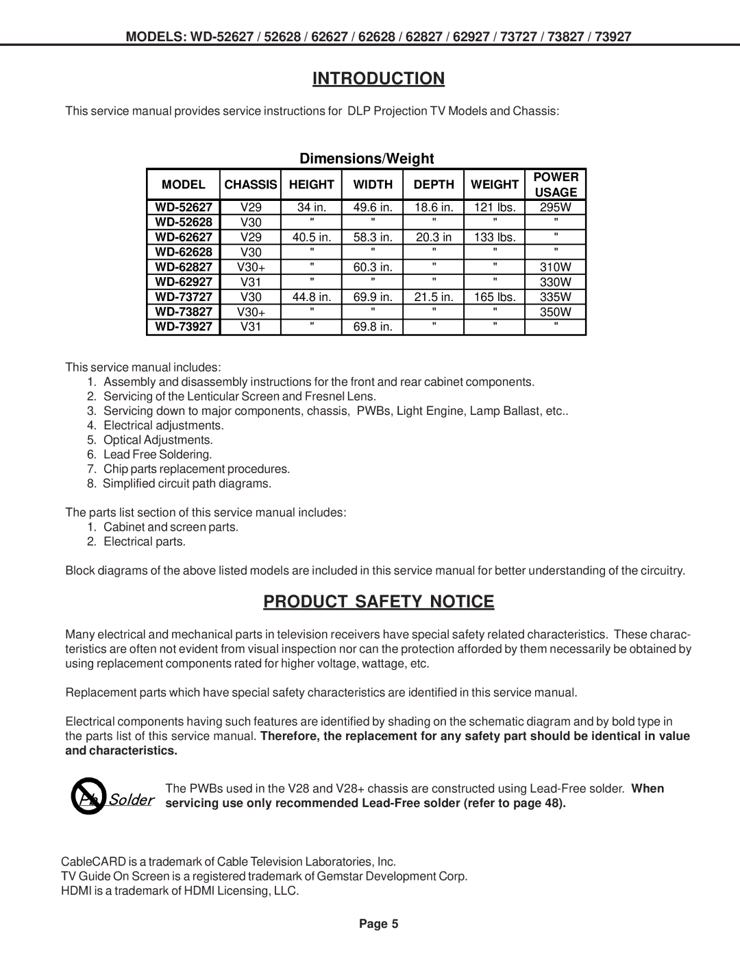 Mitsubishi Electronics WD-62927, WD-52628, WD-73727, WD-62827, WD-62627, WD-62628, WD-73827 Introduction, Product Safety Notice 