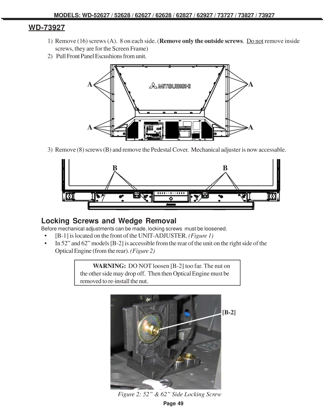 Mitsubishi Electronics WD-62827, WD-52628, WD-73727, WD-62627 Locking Screws and Wedge Removal, 52 & 62 Side Locking Screw 