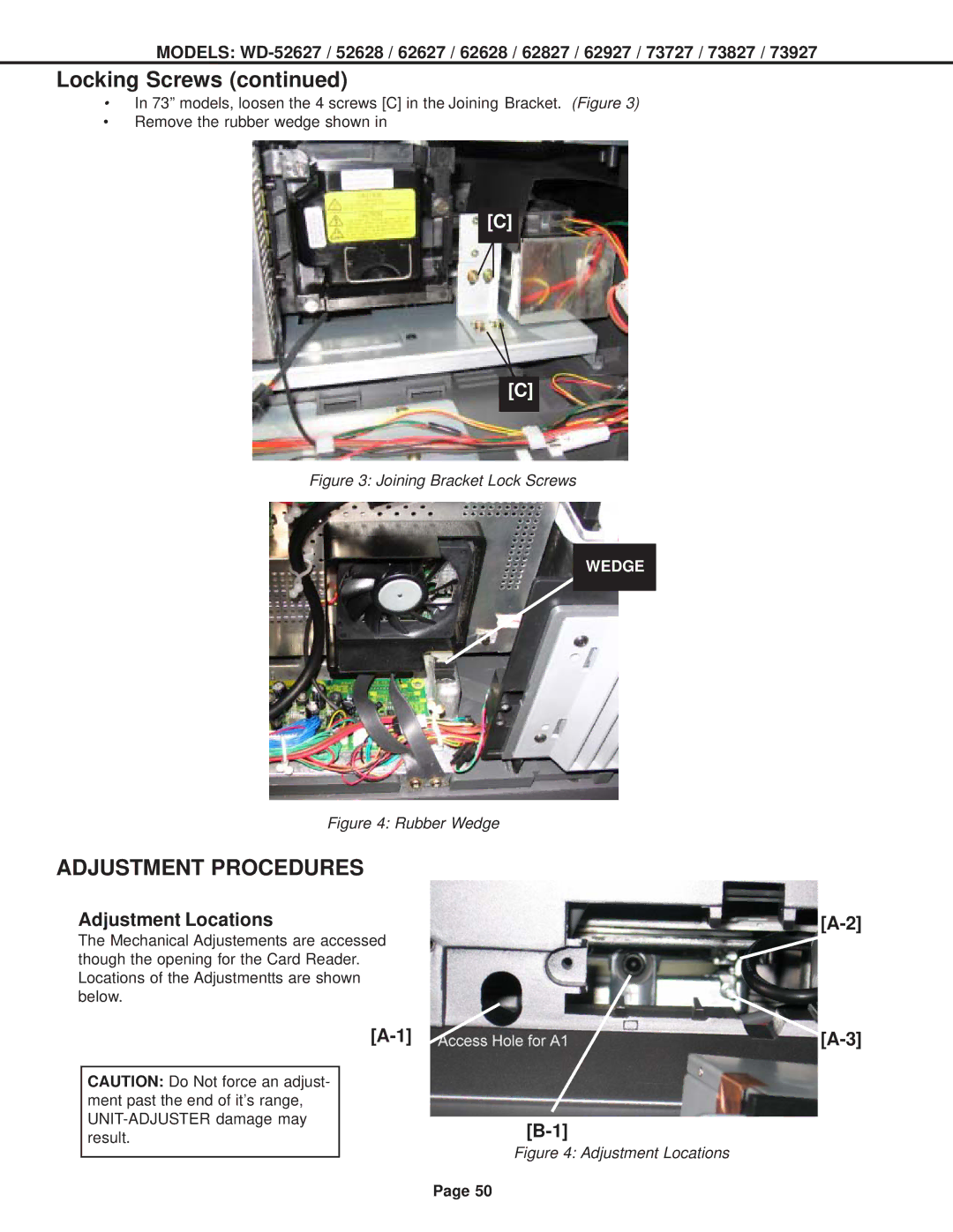 Mitsubishi Electronics WD-62627, WD-52628, WD-73727, WD-62827 Locking Screws, Adjustment Procedures, Adjustment Locations 