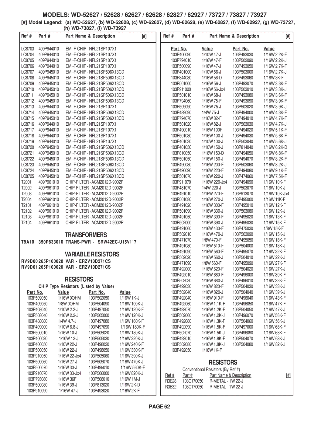 Mitsubishi Electronics WD-73927, WD-52628 Transformers, Resistors, EMI-F-CHIP NFL21SP506X13CD, CHIP-FILTER ACM2012D-9002P 