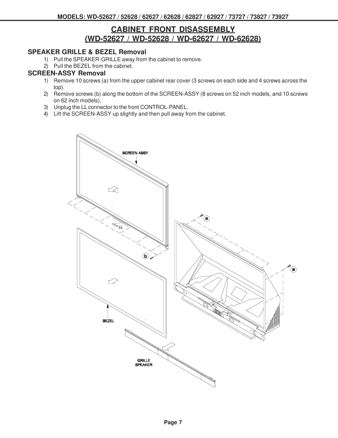 Mitsubishi Electronics WD-73927 Cabinet Front Disassembly, WD-52627 / WD-52628 / WD-62627 / WD-62628, SCREEN-ASSY Removal 