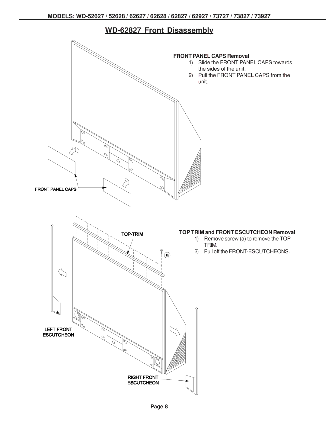 Mitsubishi Electronics WD-52628, WD-73727, WD-62627, WD-62628, WD-62927 WD-62827 Front Disassembly, Front Panel Caps Removal 