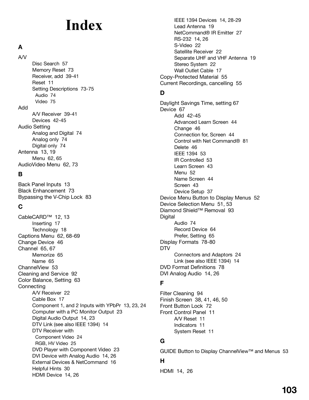 Mitsubishi Electronics WD-52725, WD-62525, WD-52525, WD-62725 manual Index, 103 