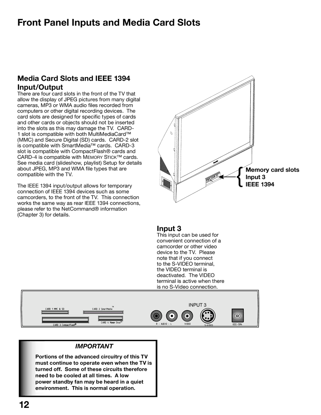 Mitsubishi Electronics WD-52525 manual Front Panel Inputs and Media Card Slots, Media Card Slots and Ieee 1394 Input/Output 