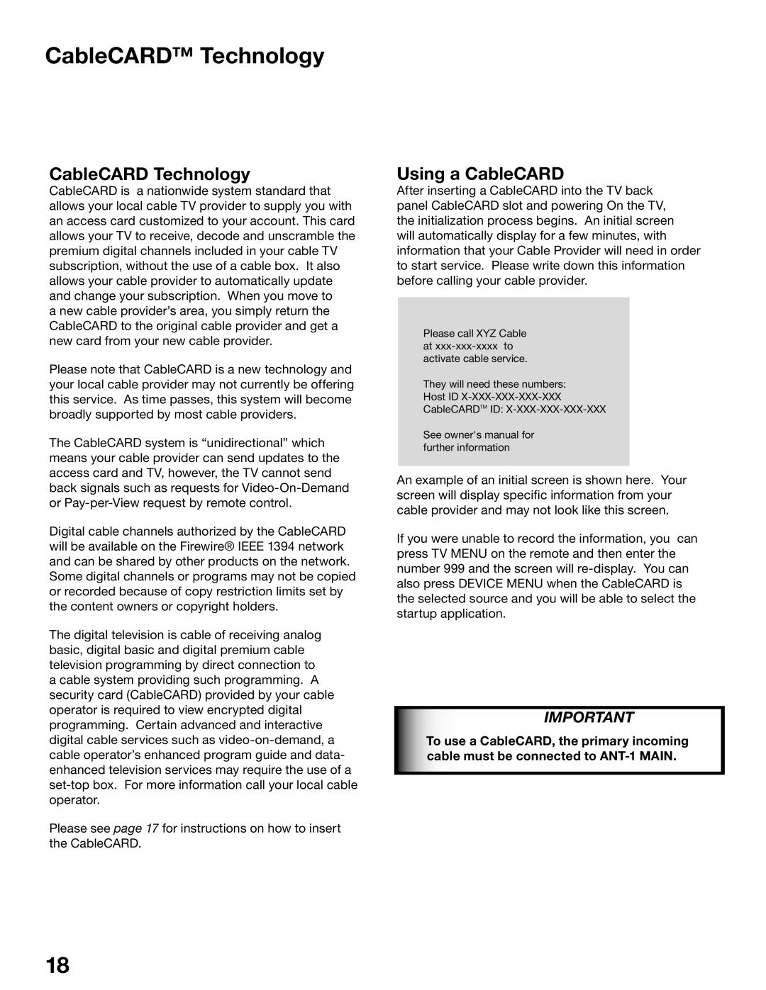 Mitsubishi Electronics WD-52725, WD-62525, WD-52525, WD-62725 manual CableCARD Technology, Using a CableCARD 