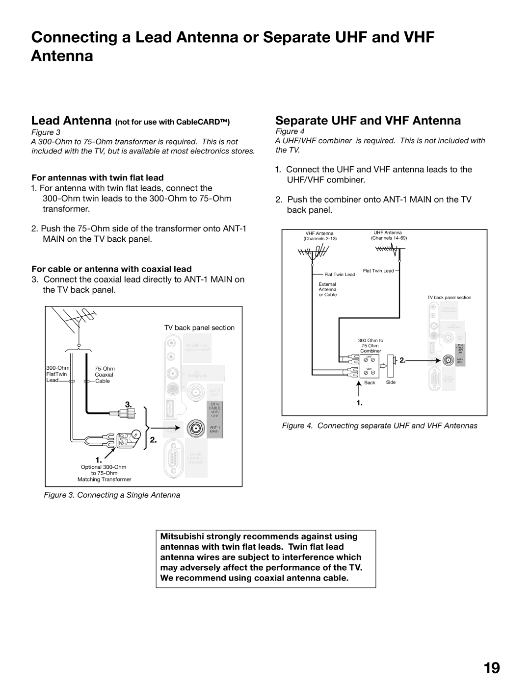 Mitsubishi Electronics WD-62725, WD-52525 manual Connecting a Lead Antenna or Separate UHF and VHF Antenna 