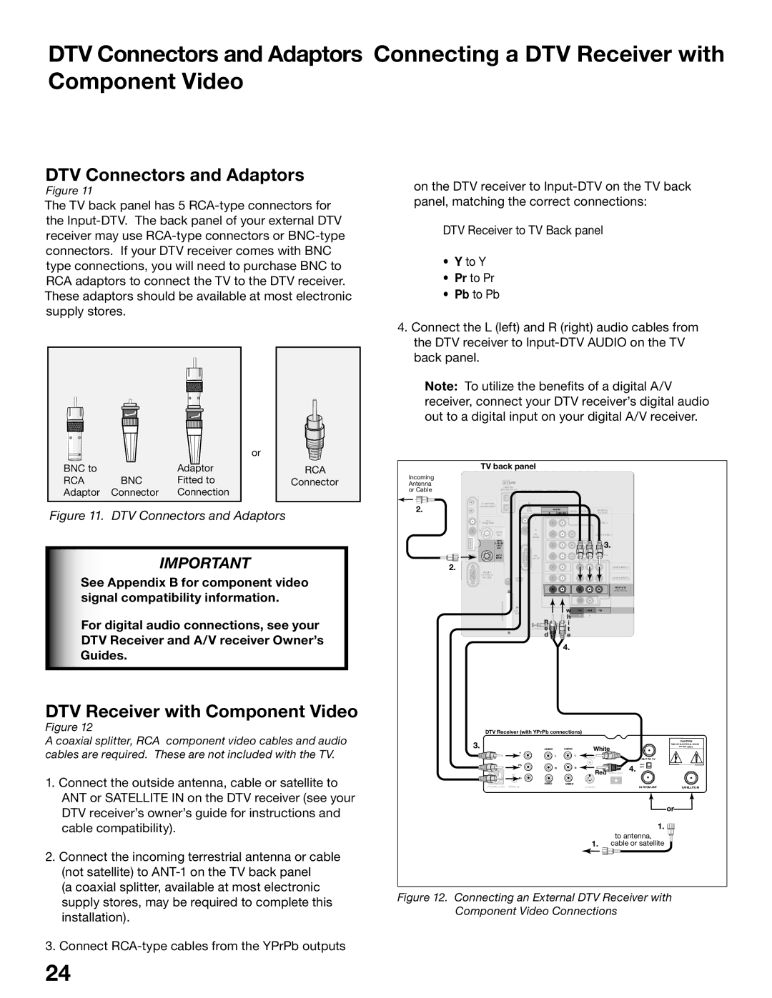 Mitsubishi Electronics WD-52525, WD-62725 manual DTV Connectors and Adaptors, DTV Receiver with Component Video 