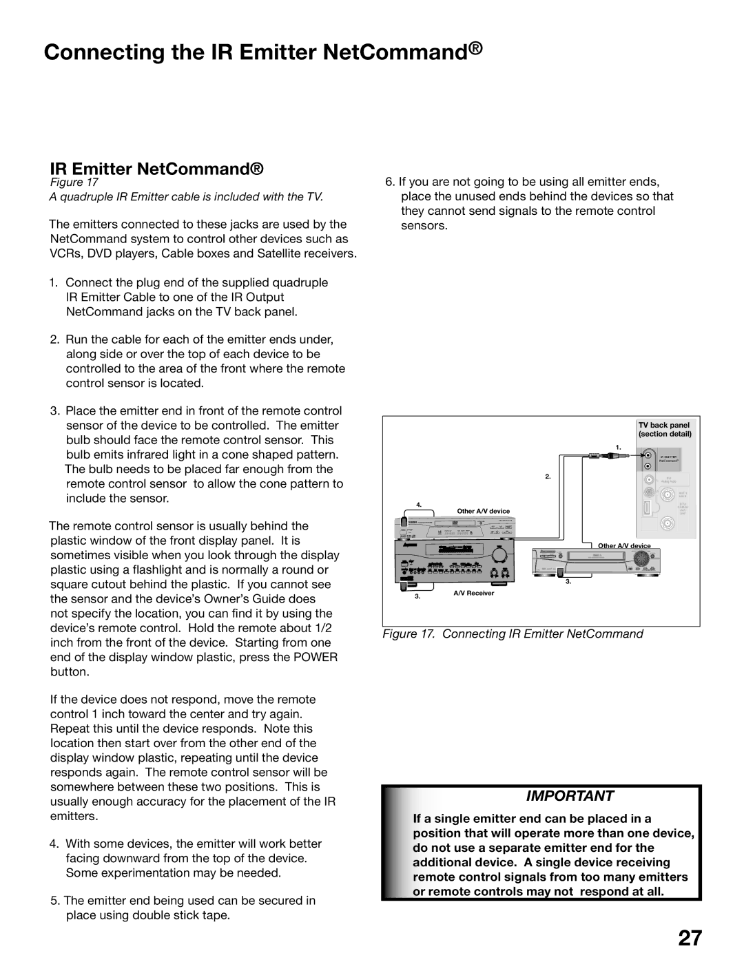 Mitsubishi Electronics WD-52525 Connecting the IR Emitter NetCommand, Quadruple IR Emitter cable is included with the TV 