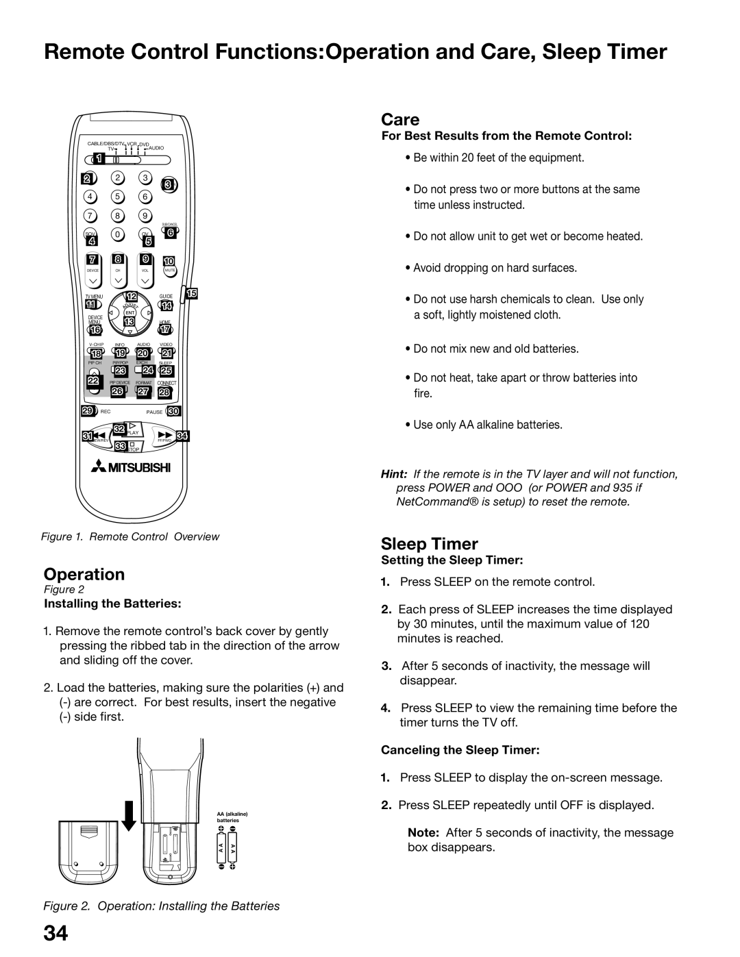 Mitsubishi Electronics WD-62725 manual Remote Control FunctionsOperation and Care, Sleep Timer, Installing the Batteries 