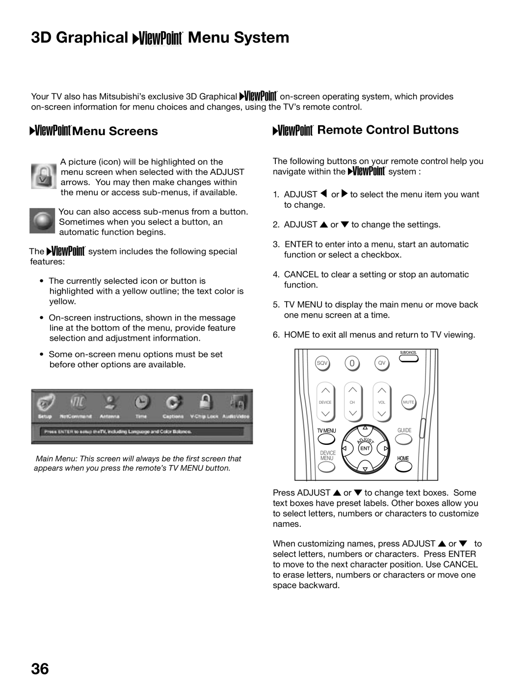 Mitsubishi Electronics WD-52525, WD-62725 manual 3D Graphical Menu System, Remote Control Buttons 