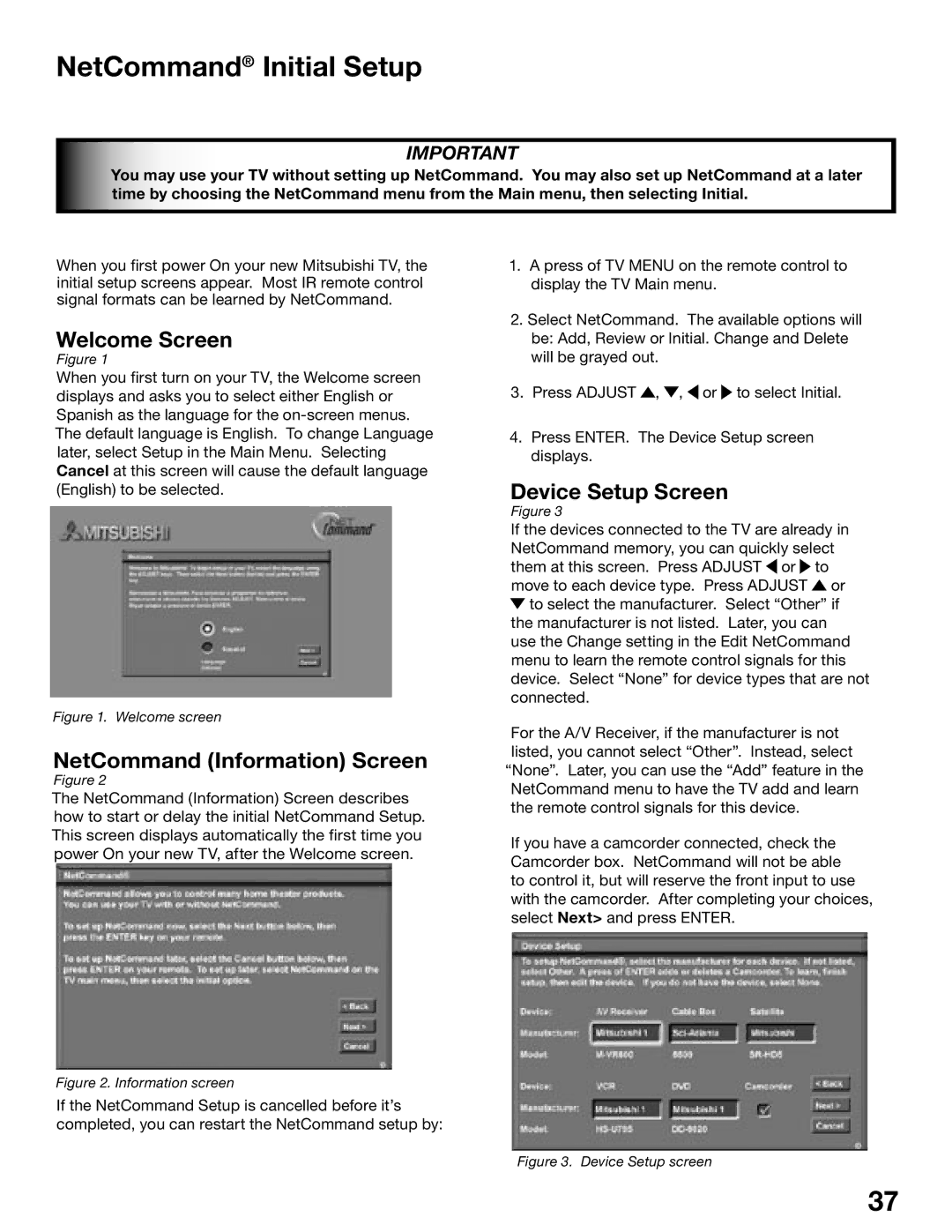 Mitsubishi Electronics WD-62725, WD-52525 manual NetCommand Initial Setup, Welcome Screen, NetCommand Information Screen 