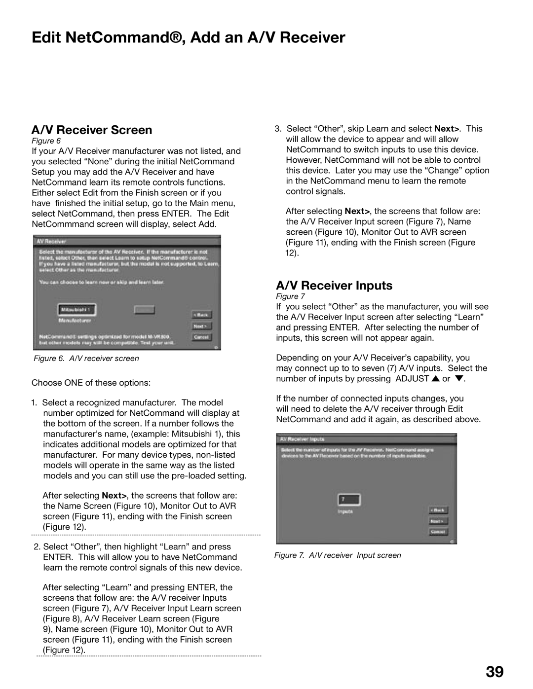 Mitsubishi Electronics WD-52525, WD-62725 manual Edit NetCommand, Add an A/V Receiver, Receiver Screen, Receiver Inputs 